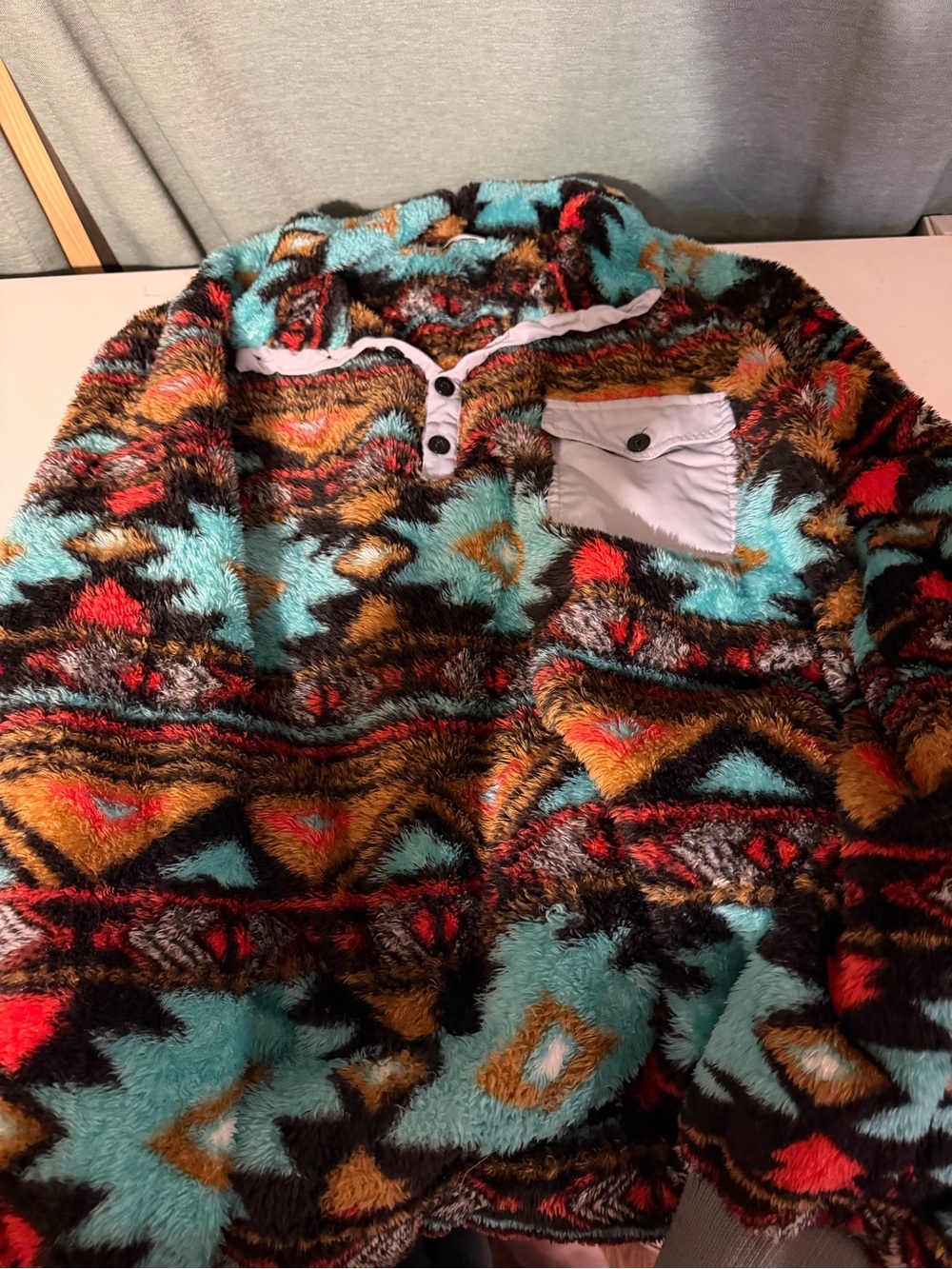 Amazon Men's Fuzzy Pullover Jacket in Teal, Brown, Black & Red